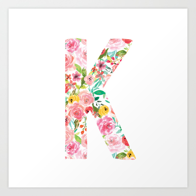 K Botanical Monogram Letter Initial With Colorful Watercolor Flowers Art Print By Nurseryart Society6