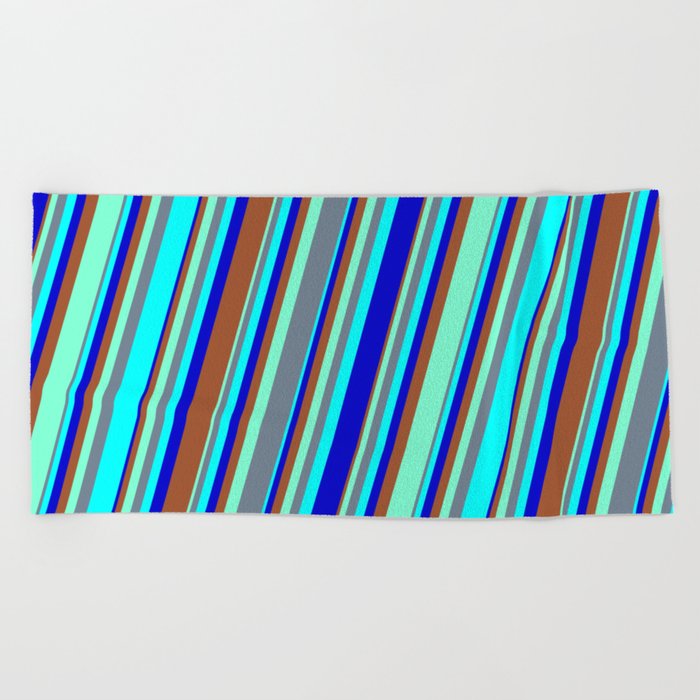 Colorful Aquamarine, Slate Gray, Cyan, Blue & Sienna Colored Striped/Lined Pattern Beach Towel