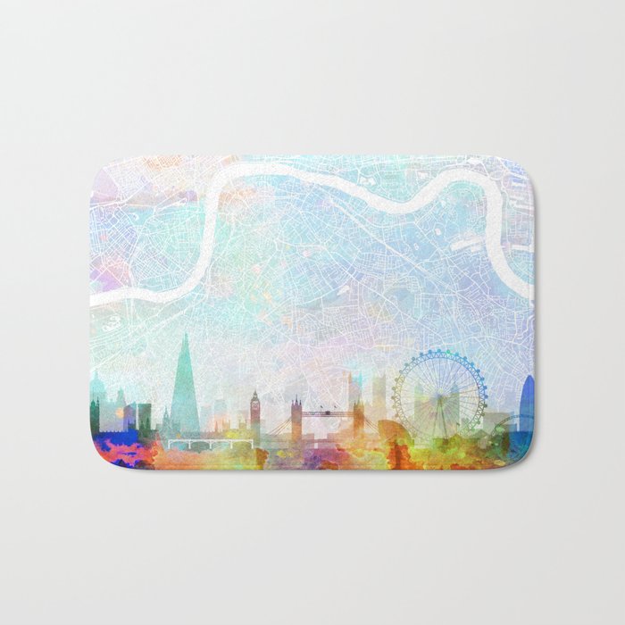 London Skyline Map Watercolor, Print by Zouzounio Art Bath Mat