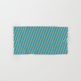 [ Thumbnail: Eyecatching Blue, Sea Green, Aquamarine, Black & White Colored Lines/Stripes Pattern Hand & Bath Towel ]