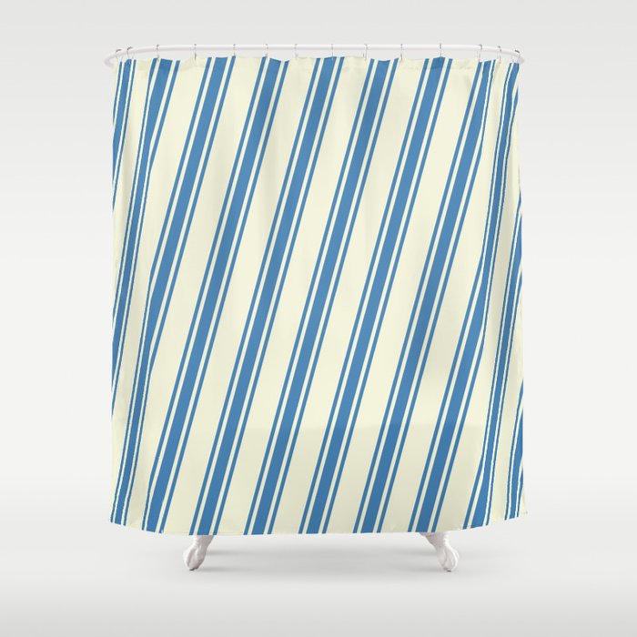 Beige and Blue Colored Pattern of Stripes Shower Curtain