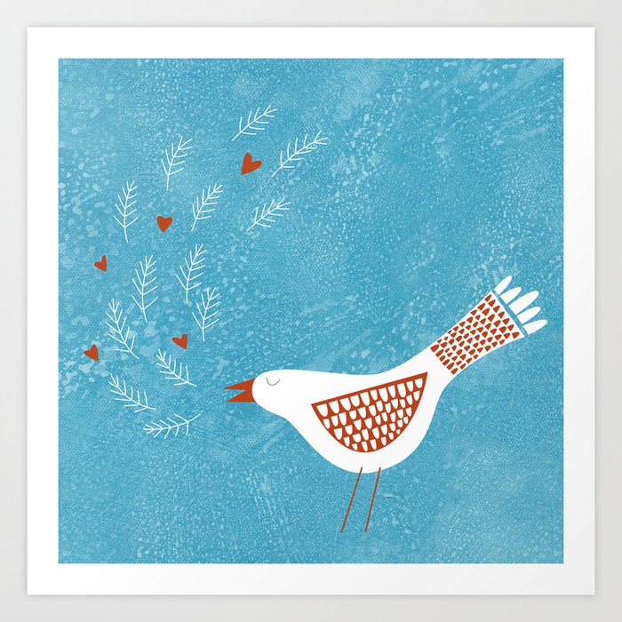 Scandinavian Bird with Hearts Art Print