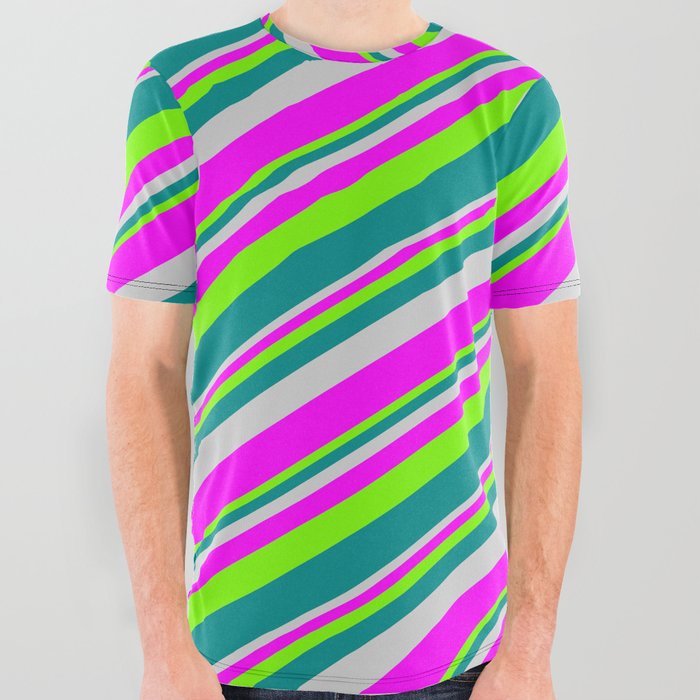 Light Grey, Fuchsia, Green, and Dark Cyan Colored Lines/Stripes Pattern All Over Graphic Tee