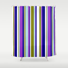 [ Thumbnail: Eyecatching Green, Light Blue, Dark Orchid, Dark Blue, and White Colored Lined/Striped Pattern Shower Curtain ]