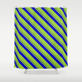 [ Thumbnail: Blue & Green Colored Pattern of Stripes Shower Curtain ]