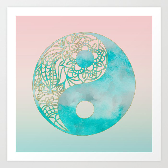 Yin Yang Watercolor Esoteric Symbol teal and soft pink #yinyang Art Print