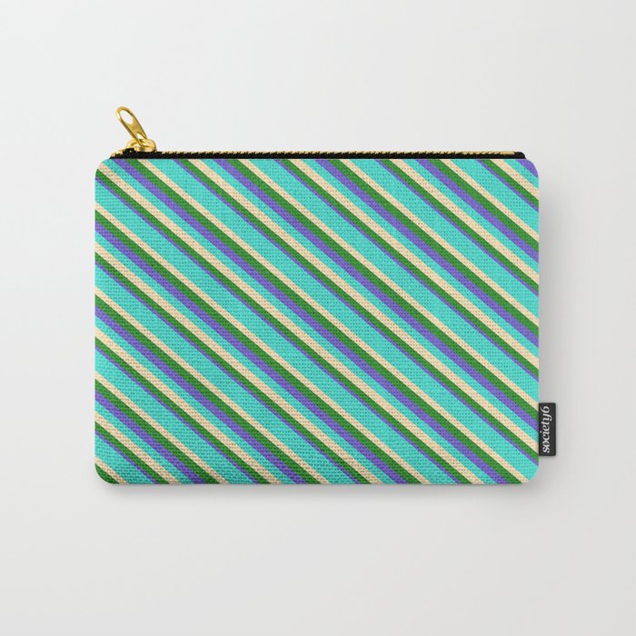 Turquoise, Beige, Forest Green, and Slate Blue Colored Lines/Stripes Pattern Carry-All Pouch