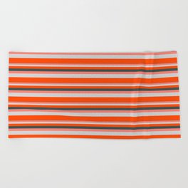 [ Thumbnail: Dark Slate Gray, Salmon, Light Grey & Red Colored Pattern of Stripes Beach Towel ]