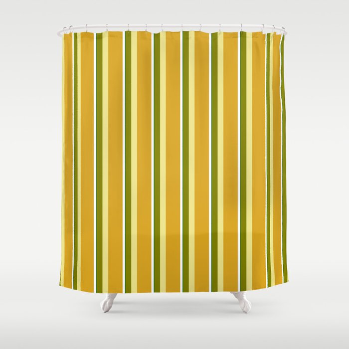 Eye-catching Green, Tan, Goldenrod, White, and Dark Green Colored Lined/Striped Pattern Shower Curtain