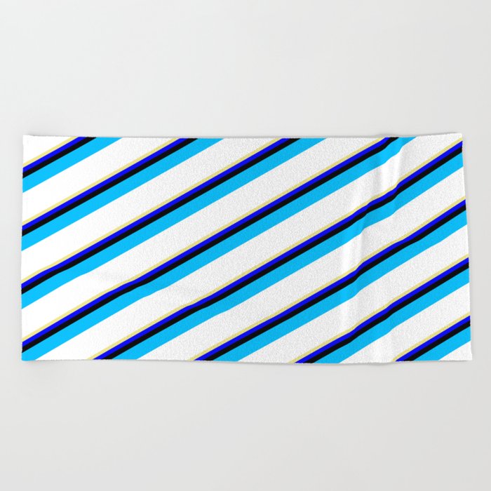 Vibrant Tan, Blue, Black, Deep Sky Blue, and White Colored Striped/Lined Pattern Beach Towel