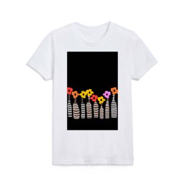 Colorful Retro Flowers and Bottles with White Stripes on Black Background #decor #society6 #buyart Kids T Shirt