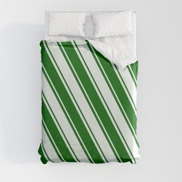[ Thumbnail: Dark Green & Mint Cream Colored Striped Pattern Duvet Cover ]