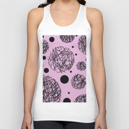 Scribbles II - Abstract black scribbles and black circles pattern on pink Unisex Tank Top