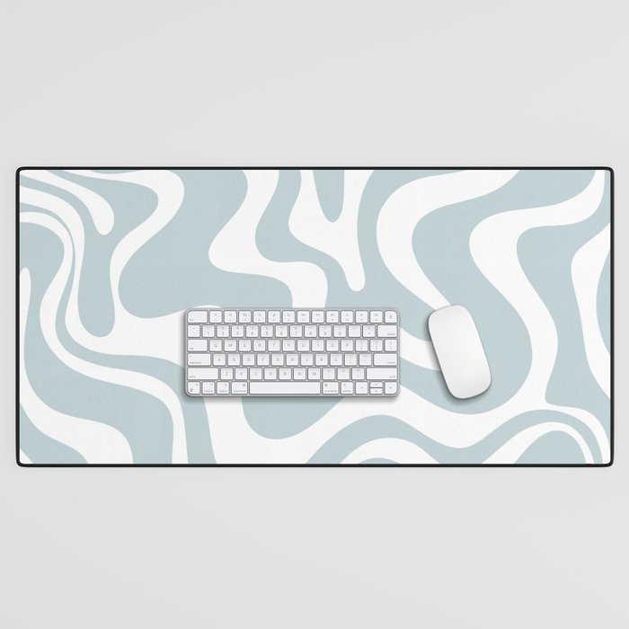 Retro Liquid Swirl Abstract Pattern in Pale Blue-Gray and White Desk Mat
