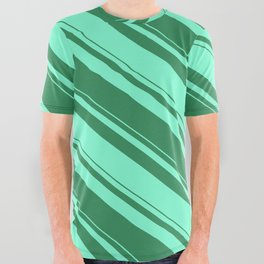 [ Thumbnail: Sea Green and Aquamarine Colored Striped/Lined Pattern All Over Graphic Tee ]