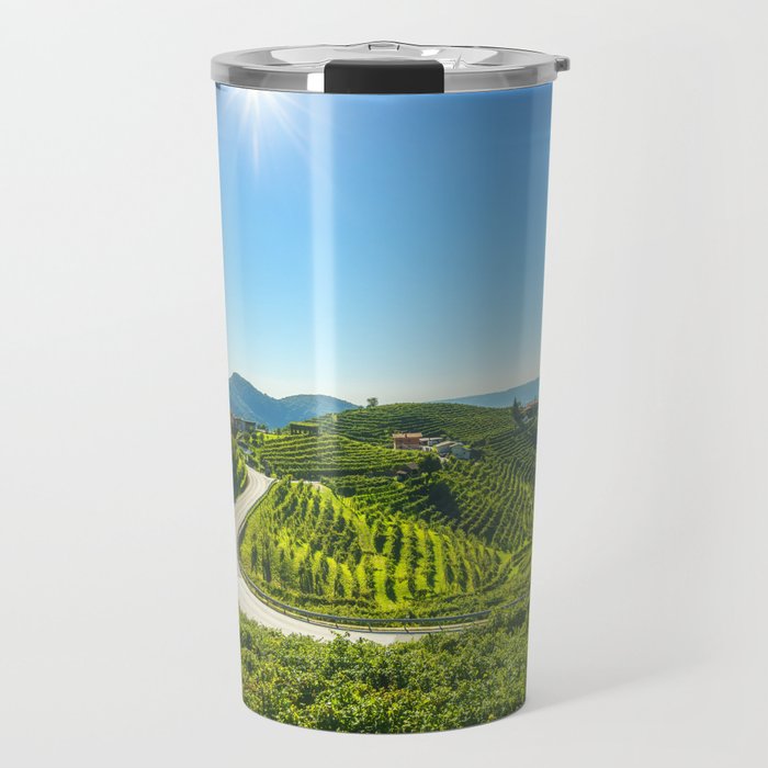 Vineyards and road. Prosecco Hills, Italy Travel Mug