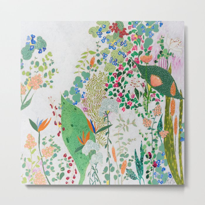 Painterly Floral Jungle on Pink and White Metal Print