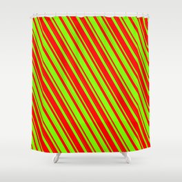 [ Thumbnail: Chartreuse & Red Colored Lines Pattern Shower Curtain ]