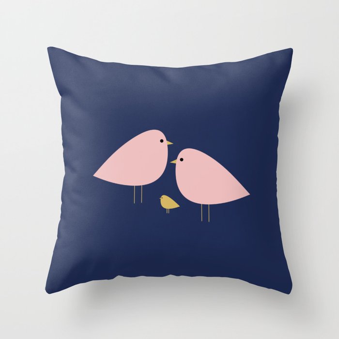 Bird Family in Pink, Navy Blue, and Mustard -  Minimalist Scandinavian Mid-Century Modern Design Throw Pillow