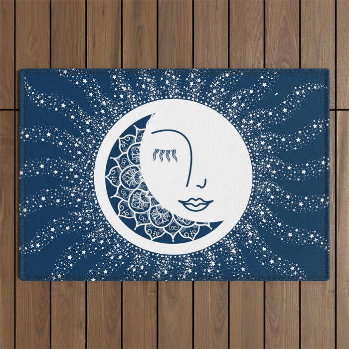 Moon and Sun Love, Blue and White Outdoor Rug