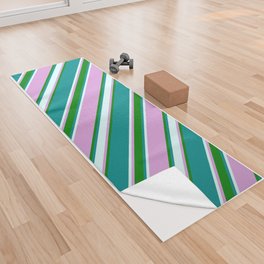 [ Thumbnail: Dark Cyan, Green, Plum & Light Cyan Colored Striped Pattern Yoga Towel ]