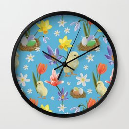 Colorful pattern with easter chicks, easter nests, tulips, daffodils, crocuses, wood anemones Wall Clock