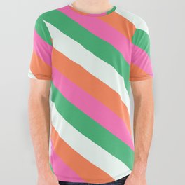 [ Thumbnail: Mint Cream, Coral, Hot Pink, and Sea Green Colored Lined Pattern All Over Graphic Tee ]