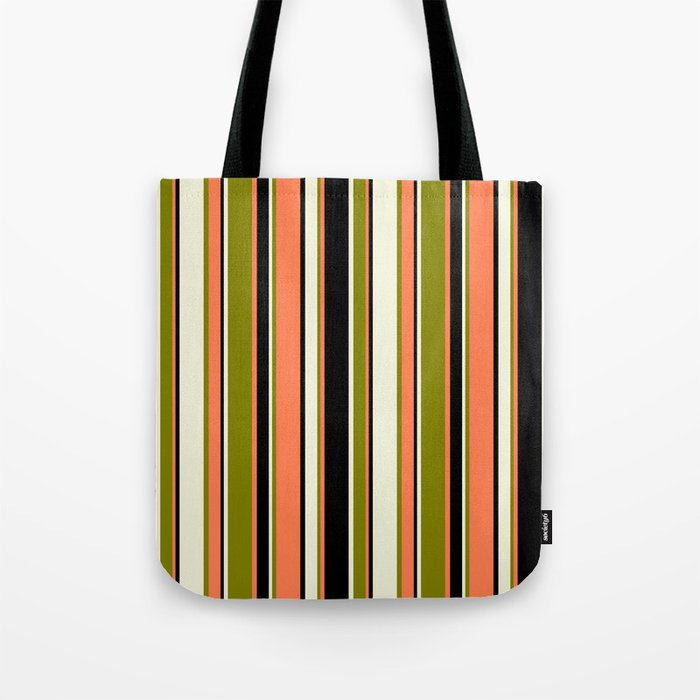 Beige, Green, Coral & Black Colored Stripes Pattern Tote Bag