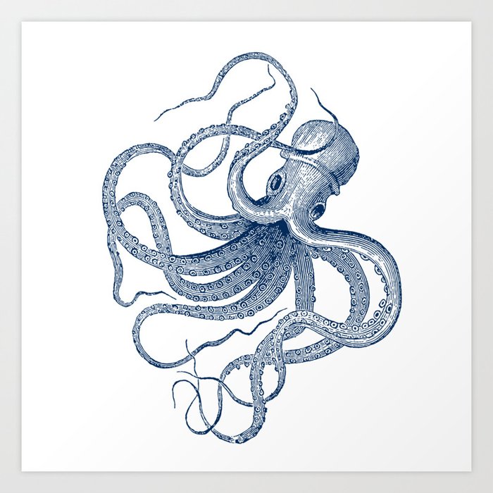 Blue nautical vintage octopus illustration Art Print