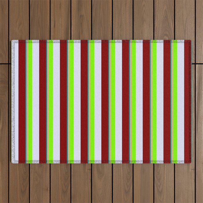 Vibrant Teal, Tan, Chartreuse, Lavender & Maroon Colored Striped/Lined Pattern Outdoor Rug