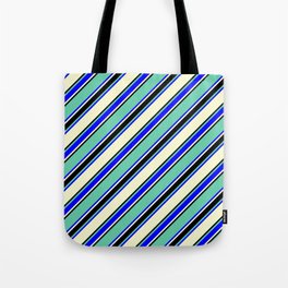 [ Thumbnail: Aquamarine, Blue, Light Yellow & Black Colored Lined Pattern Tote Bag ]
