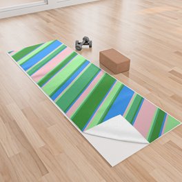 [ Thumbnail: Eye-catching Forest Green, Sea Green, Green, Pink & Blue Colored Lined/Striped Pattern Yoga Towel ]