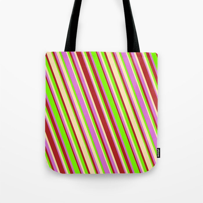 Green, Beige, Orchid, and Red Colored Lined Pattern Tote Bag