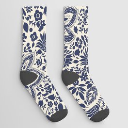 Blossoms and leaves solid dark navy blue Socks