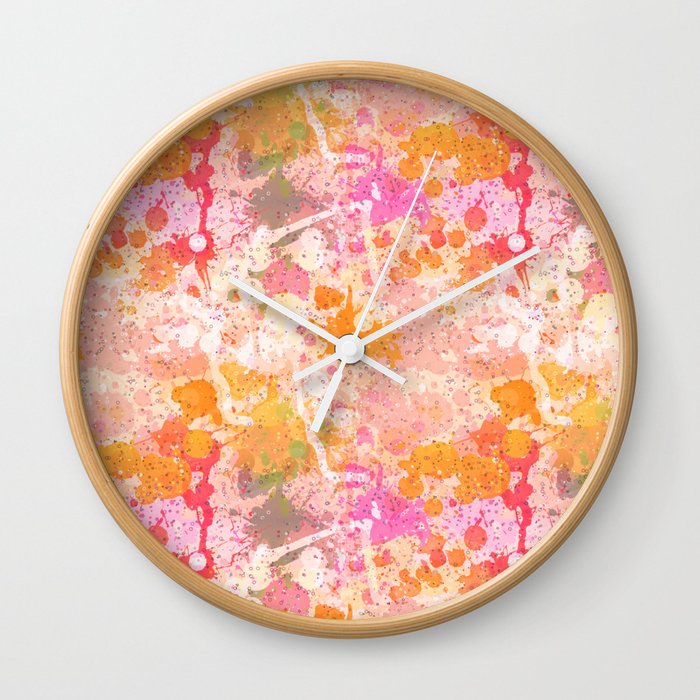 Abstract Paint Splatters Pink Orange Wall Clock