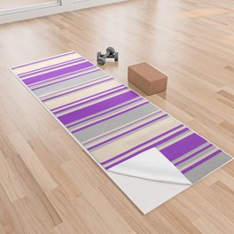 [ Thumbnail: Grey, Dark Orchid & Beige Colored Stripes/Lines Pattern Yoga Towel ]