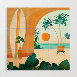 Seaside Surf Retreat Tropical Landscape / Villa Series Wood Wall Art | Sunset, Summer, Vacation, Surf, Teal, Tropical, Painting, Orange, Surfboard, Landscape 