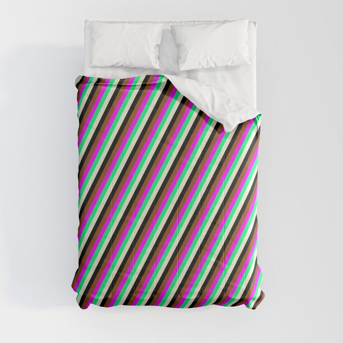 Vibrant Green, Beige, Black, Brown, and Fuchsia Colored Stripes Pattern Comforter