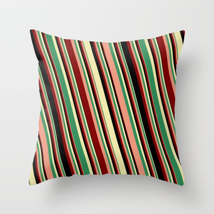 Vibrant Pale Goldenrod, Sea Green, Dark Salmon, Maroon, and Black Colored Striped Pattern Throw Pillow