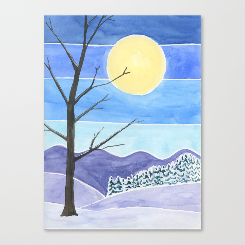 Solitary Tree Under A Full Moon Watercolor Landscape Painting Canvas Print By Jenpicicci Society6