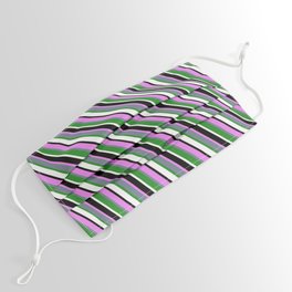 [ Thumbnail: Eye-catching Violet, Slate Gray, Forest Green, White, and Black Colored Stripes/Lines Pattern Face Mask ]
