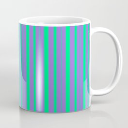 [ Thumbnail: Purple and Green Colored Stripes Pattern Coffee Mug ]