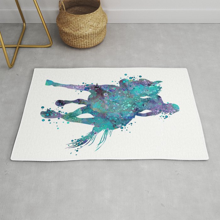 Girl Horse Rider Watercolor Silhouette Rug