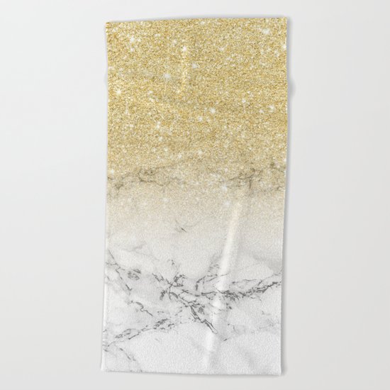 Modern faux gold glitter white marble color block Beach Towel