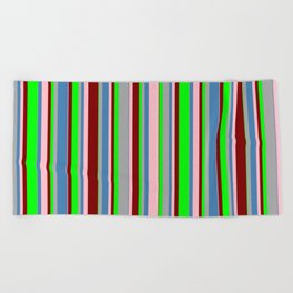 [ Thumbnail: Colorful Dark Grey, Blue, Pink, Maroon, and Lime Colored Lined/Striped Pattern Beach Towel ]