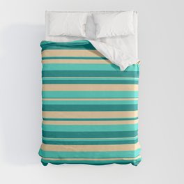 [ Thumbnail: Dark Cyan, Tan & Turquoise Colored Pattern of Stripes Duvet Cover ]