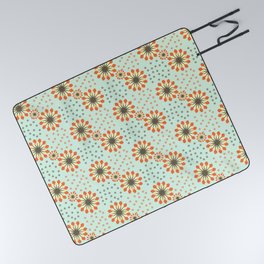 Pastel  Tea Green Orange Floral Pattern in Retro Polka Dot Background Picnic Blanket