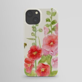 Watercolor Flower Pink Hollyhock and Bee iPhone Case