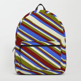 [ Thumbnail: Green, Maroon, Royal Blue, and Beige Colored Stripes/Lines Pattern Backpack ]