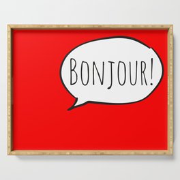 Cheerful BONJOUR! with white cartoon speech bubble on bright comic book red (Français / French) Serving Tray